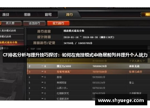CF排名分析与提升技巧探讨：如何在竞技模式中稳居前列并提升个人战力
