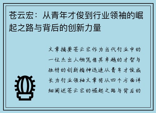 苍云宏:从青年才俊到行业领袖的崛起之路与背后的创新力量 苍云宏:从青年才俊到行业领袖的崛起之路与背后的创新力量